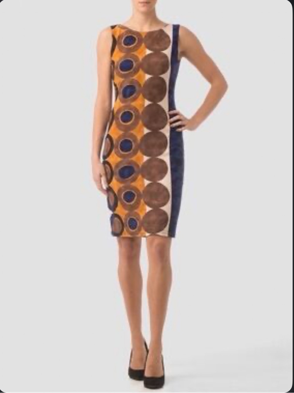 Joseph Ribkoff Mustard, Navy & Brown Geo Circle Pencil Dress